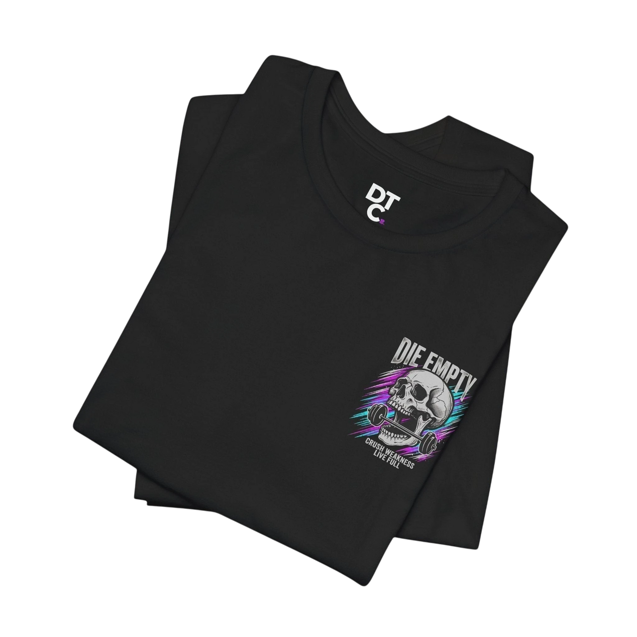DailyThreadCo black 100% cotton t-shirt with a skull graphic holding a barbell and the text "DIE EMPTY".