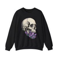DailyThreadCo. black crewneck sweatshirt with a detailed skull graphic adorned with purple crystals. Cotton-poly blend.