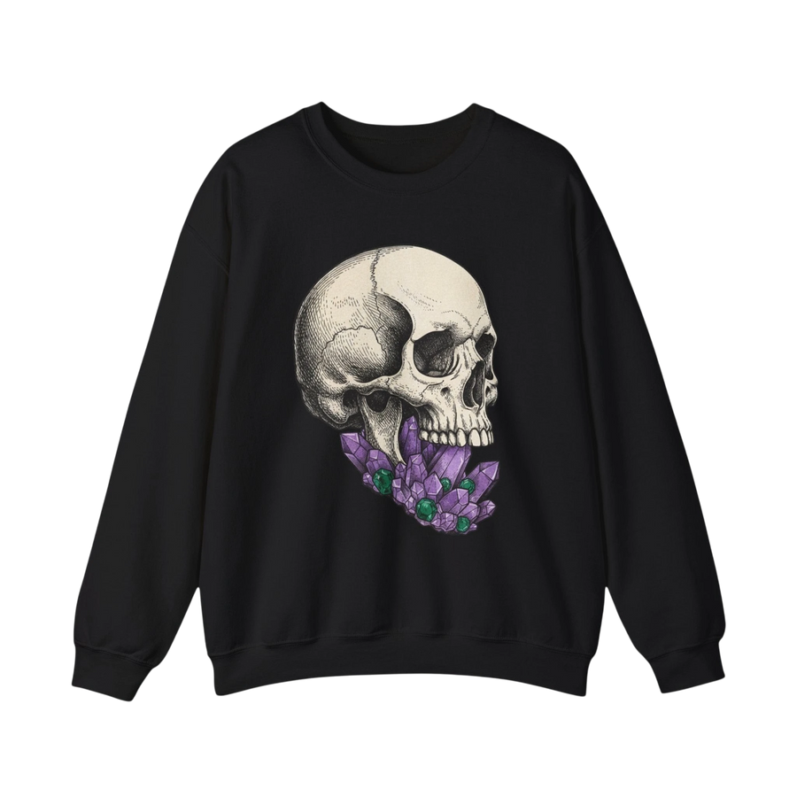 DailyThreadCo. black crewneck sweatshirt with a detailed skull graphic adorned with purple crystals. Cotton-poly blend.