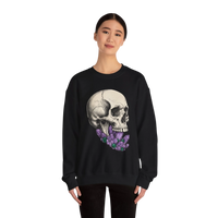 DailyThreadCo. black crewneck sweatshirt with a detailed skull graphic adorned with purple crystals.