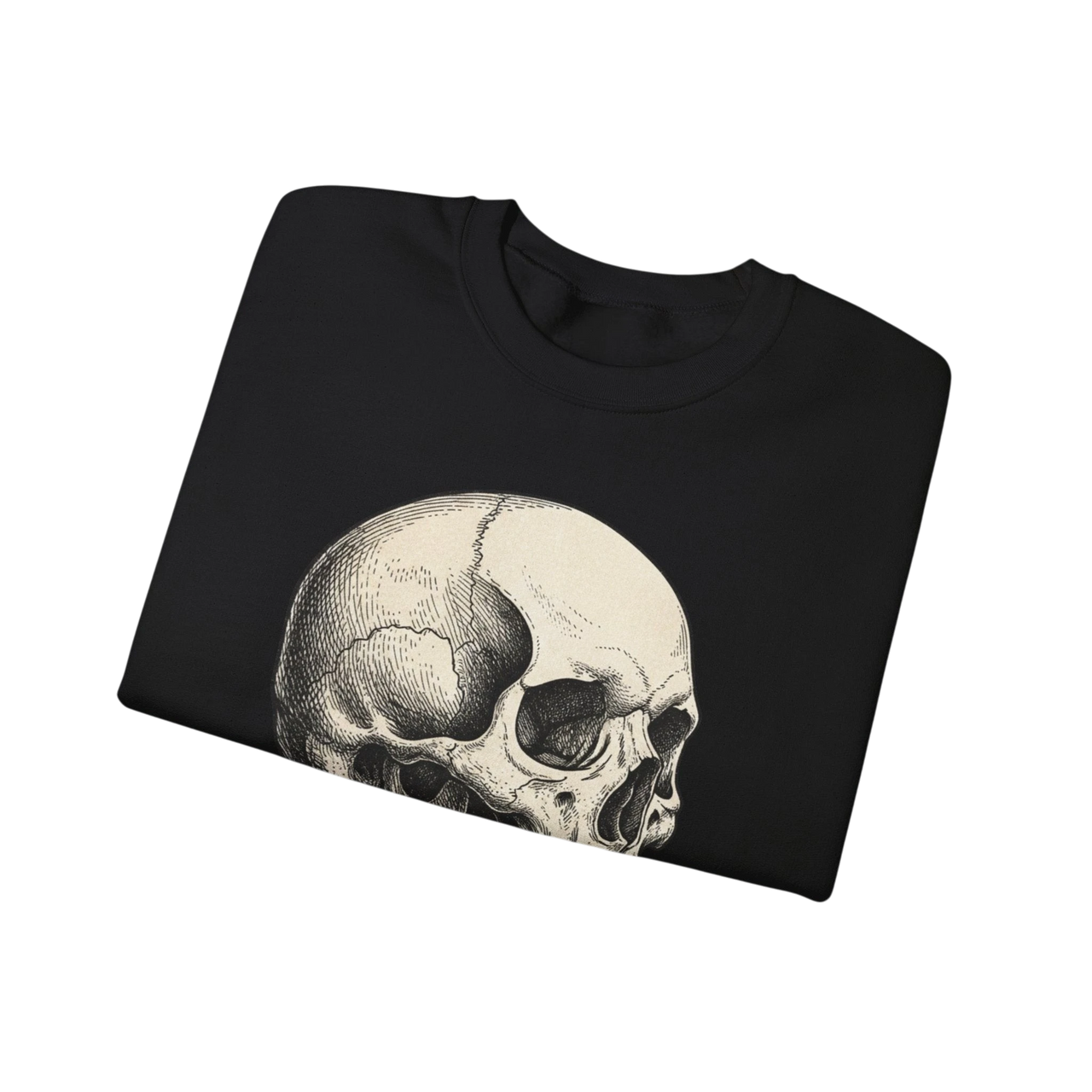 DailyThreadCo. black crewneck sweatshirt with a detailed anatomical skull graphic accented with purple crystals. Cotton-poly blend.