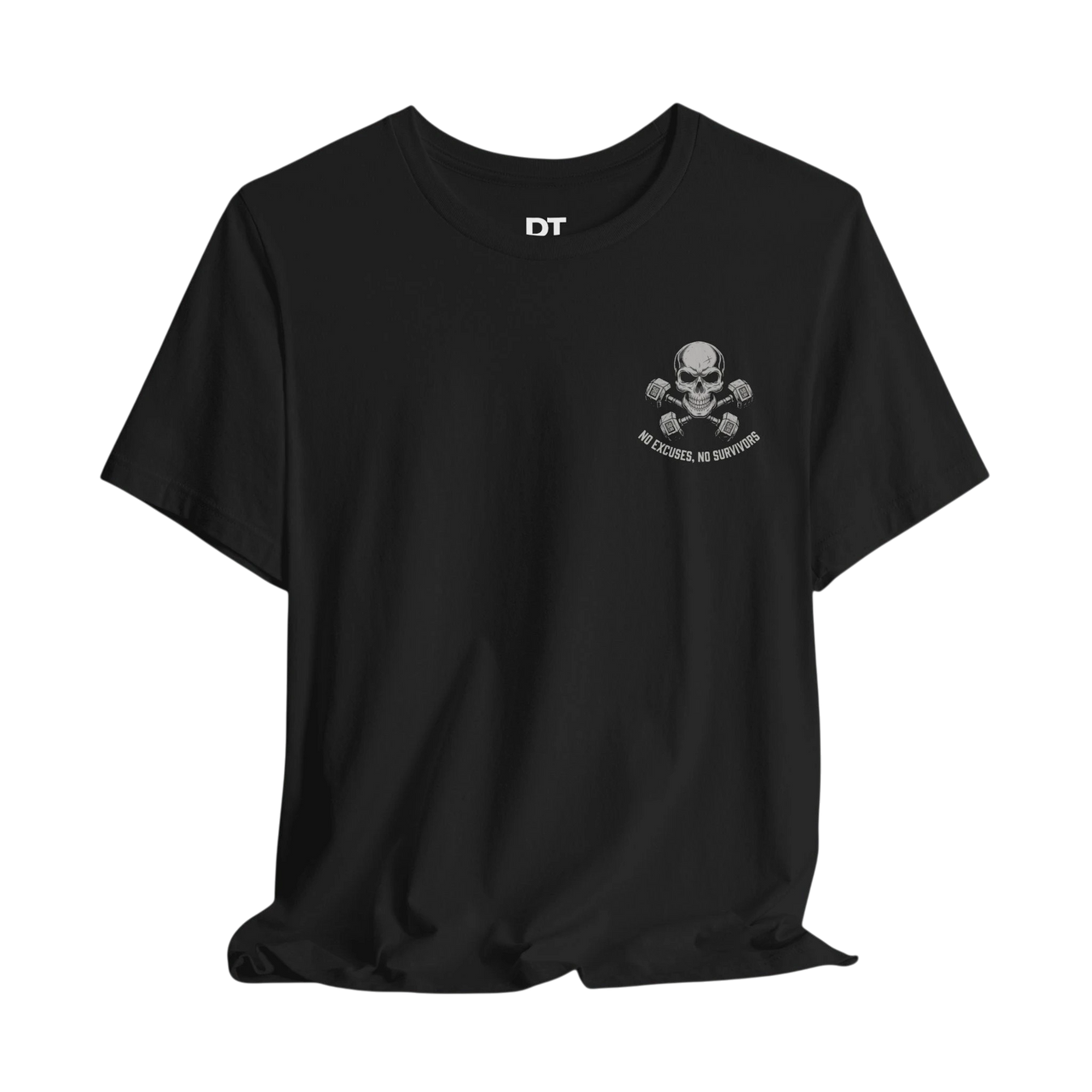 DailyThreadCo. black 100% Airlume cotton t-shirt with a small skull and dumbbells graphic on the left chest.