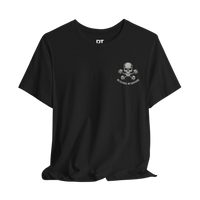 DailyThreadCo. black 100% Airlume cotton t-shirt with a small skull and dumbbells graphic on the left chest.