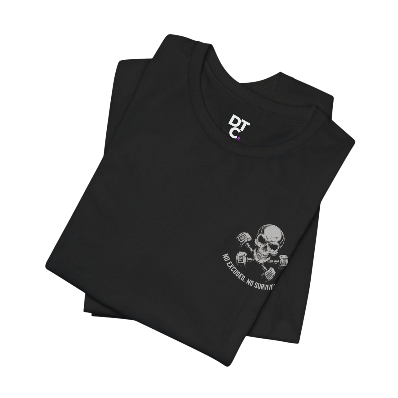 DailyThreadCo. black 100% Airlume cotton t-shirt with a small skull and dumbbells graphic on the left chest.