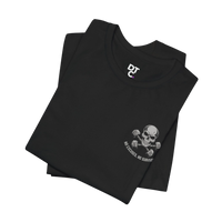 DailyThreadCo. black 100% Airlume cotton t-shirt with a small skull and dumbbells graphic on the left chest.