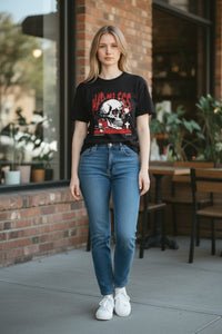 DailyThreadCo. black 100% cotton t-shirt with a graphic skull wearing sunglasses, red text, and distressed details.