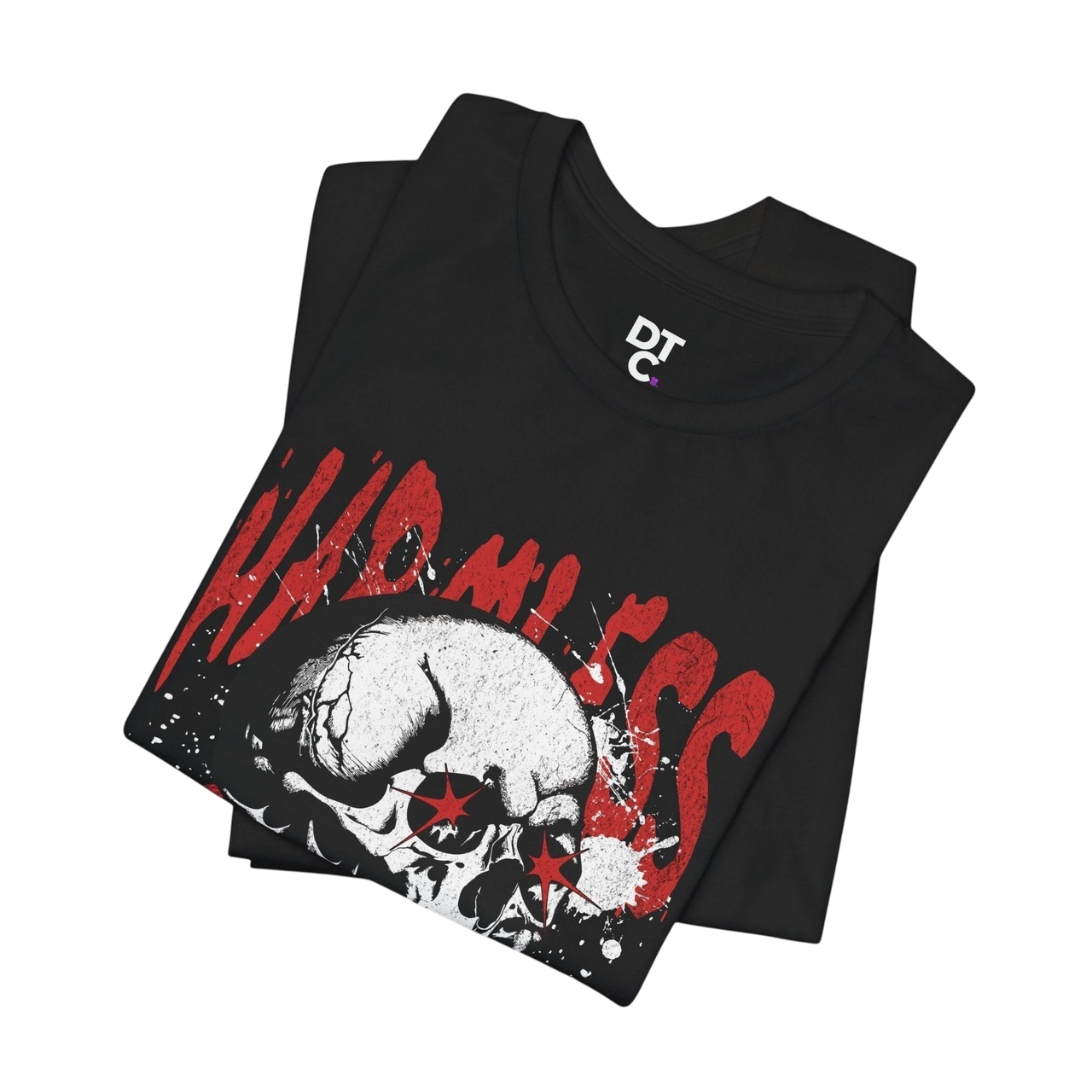 DailyThreadCo. black 100% cotton t-shirt with a distressed white skull graphic and red "Hamless" text. Crew neck, short sleeves.