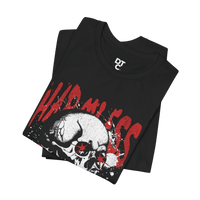 DailyThreadCo. black 100% cotton t-shirt with a distressed white skull graphic and red 