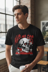 DailyThreadCo. black 100% cotton t-shirt with a graphic skull wearing sunglasses, red 'Harmless' text, and distressed details.