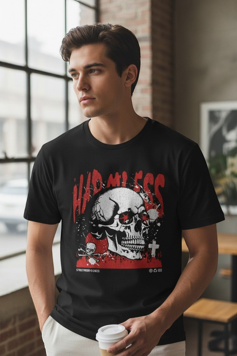 DailyThreadCo. black 100% cotton t-shirt with a graphic skull wearing sunglasses, red 'Harmless' text, and distressed details.