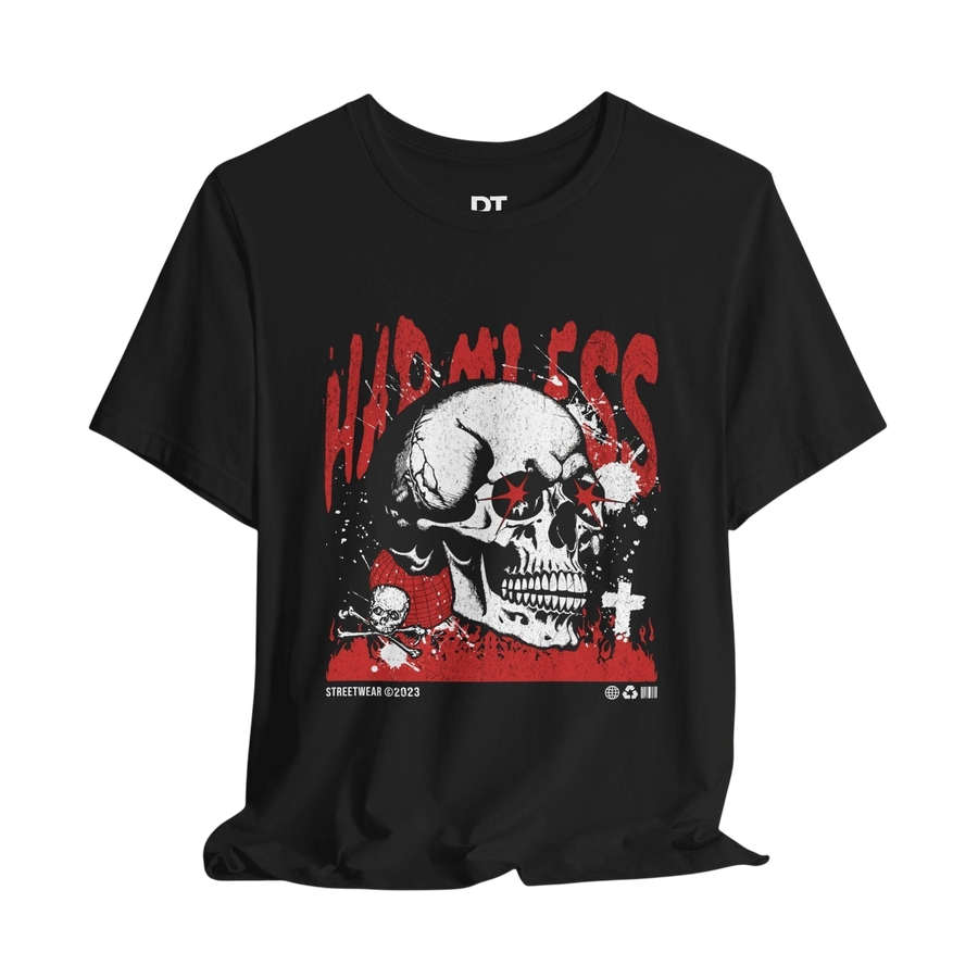 DailyThreadCo. black 100% cotton t-shirt with a graphic of a skull with red eyes and the word "HARMLESS" in red.