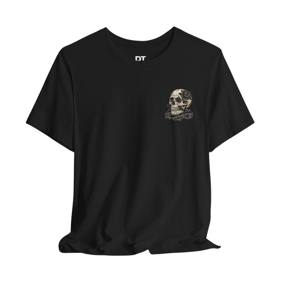 DailyThreadCo. black 100% cotton graphic tee with skull and rose artwork on chest.