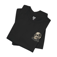DailyThreadCo black 100% cotton graphic tee with skull and rose artwork on chest. 