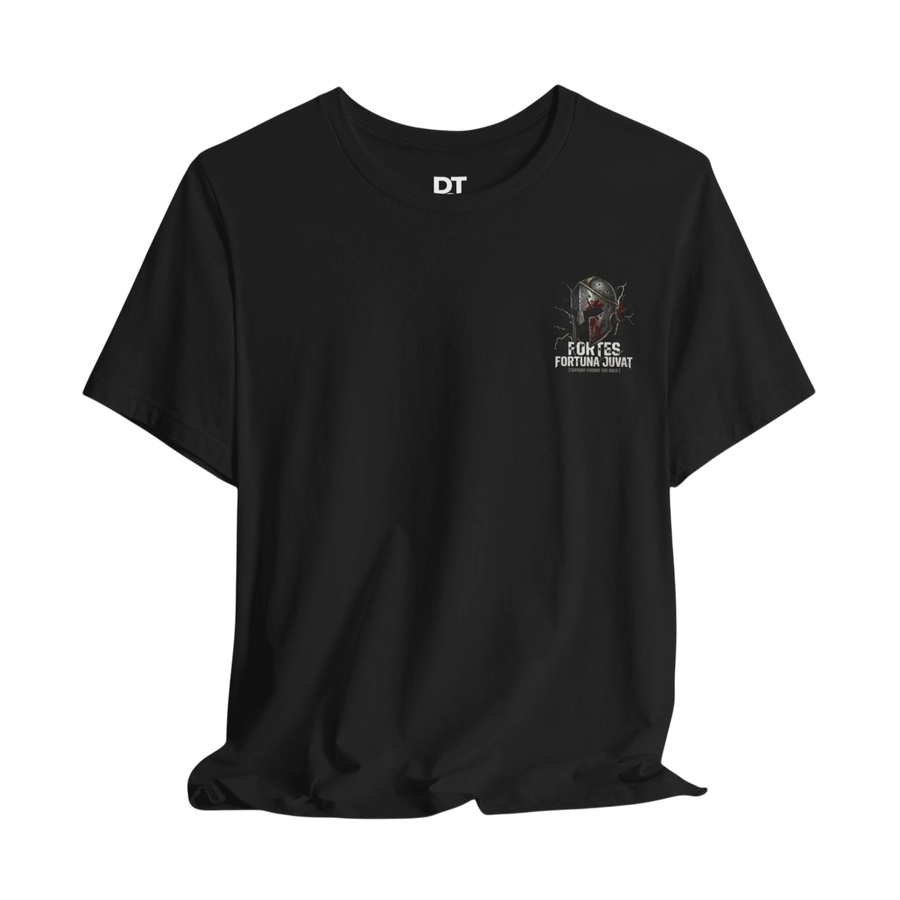 DailyThreadCo. black 100% cotton t-shirt with a distressed Spartan helmet graphic and "Fortes Fortuna Juvat" text on the back.