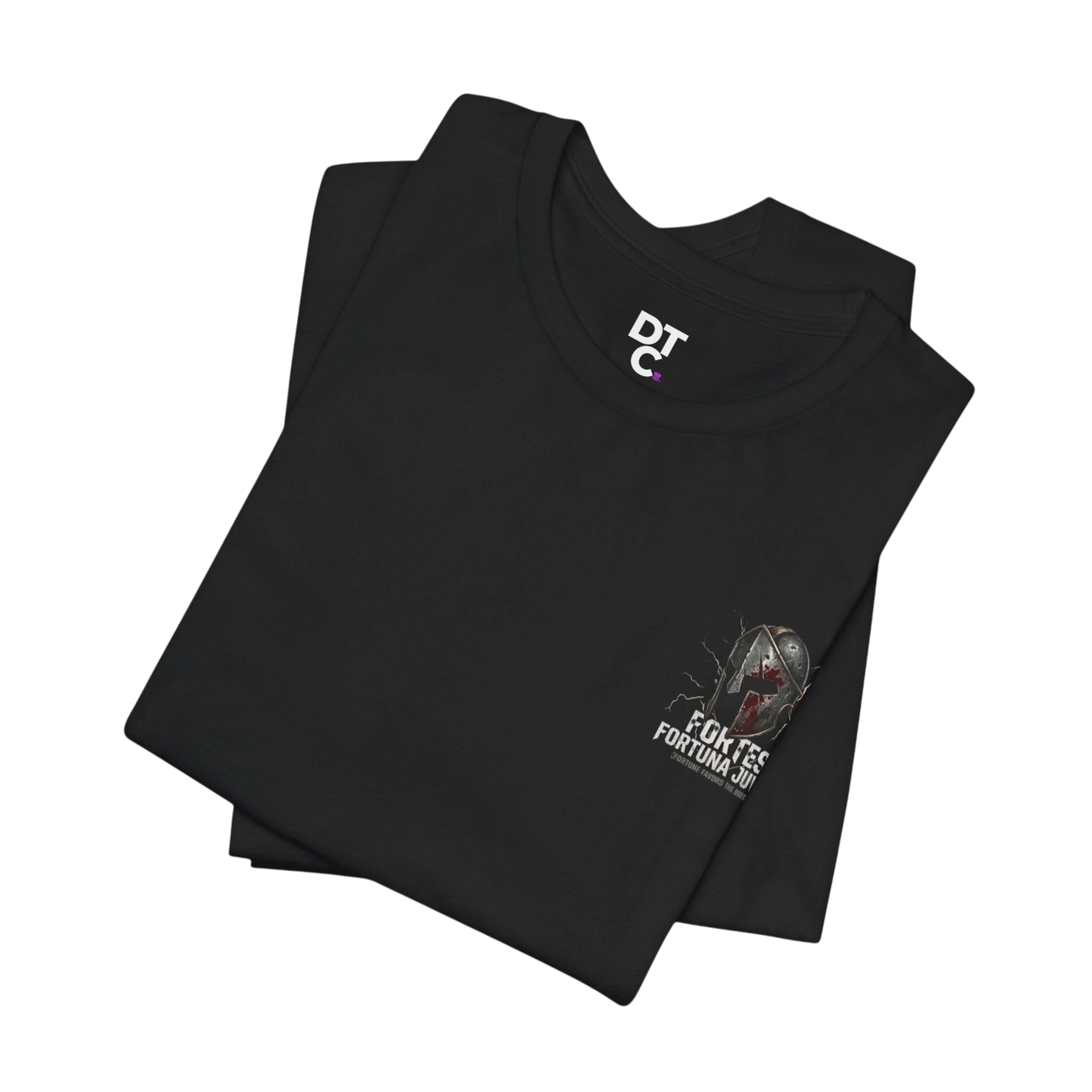 DailyThreadCo. black 100% cotton t-shirt with a distressed Spartan helmet graphic and "Fortes Fortuna Juvat" text.