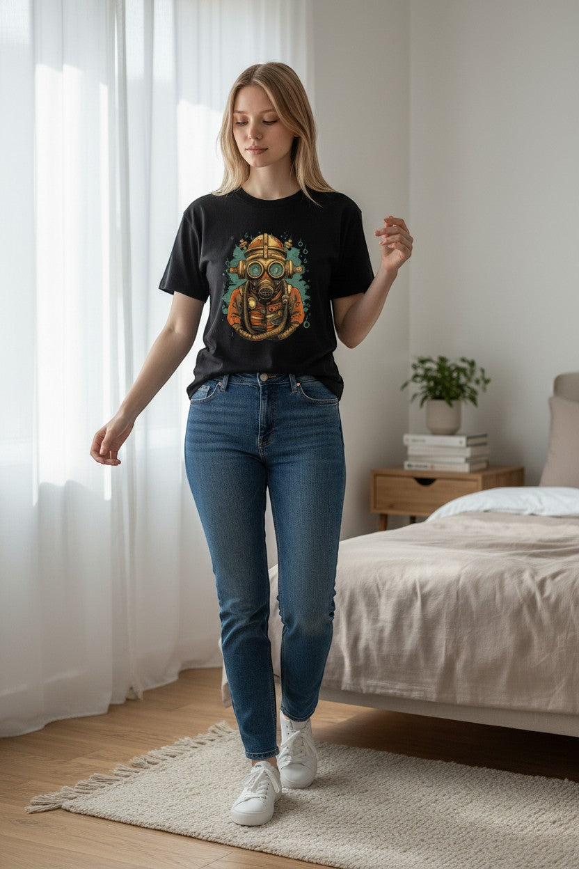 DailyThreadCo. black 100% cotton t-shirt with vintage diver mask steampunk graphic