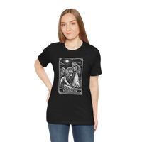 DailyThreadCo black 100% cotton crew neck t-shirt with vintage Strength tarot card illustration of a woman and lion.