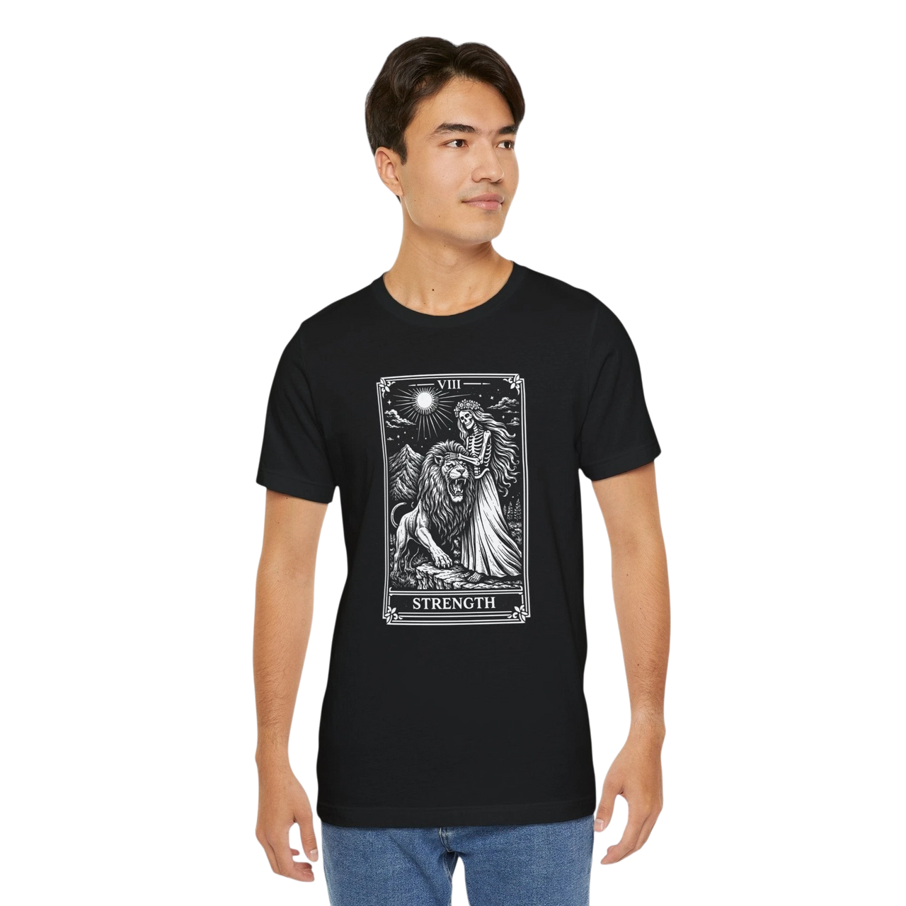 DailyThreadCo black 100% cotton crew neck t-shirt with vintage Strength tarot card illustration of a woman and lion.