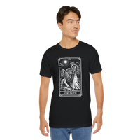 DailyThreadCo black 100% cotton crew neck t-shirt with vintage Strength tarot card illustration of a woman and lion.