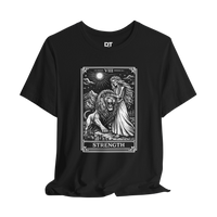 DailyThreadCo. black 100% cotton t-shirt with vintage Strength tarot card illustration of a skeleton woman and lion.