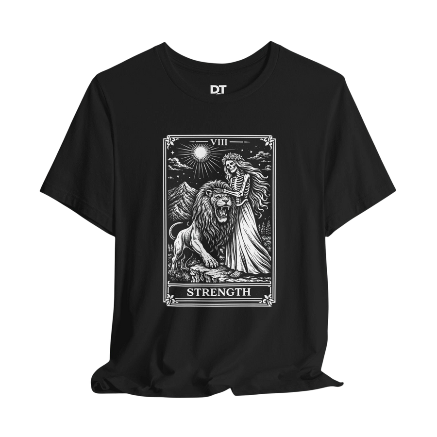 DailyThreadCo. black 100% cotton t-shirt with vintage Strength tarot card illustration of a skeleton woman and lion.