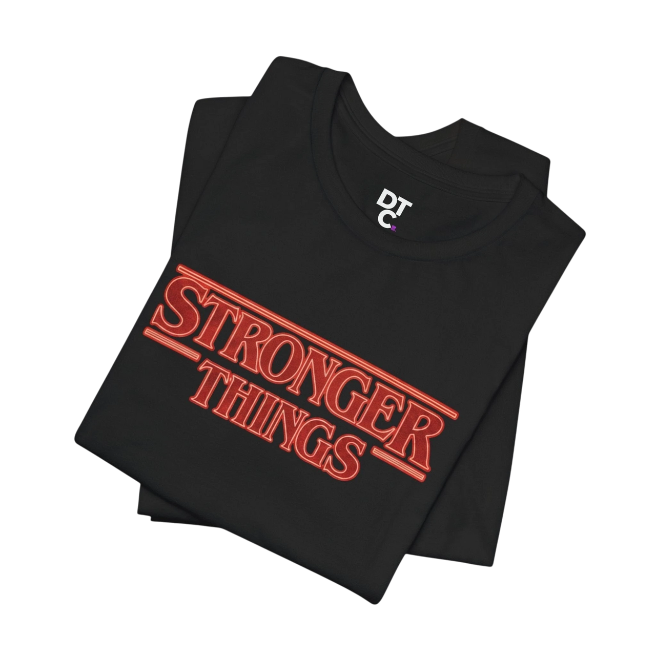 DailyThreadCo. black 100% cotton t-shirt with red retro "STRONGER THINGS" graphic and crew neck.