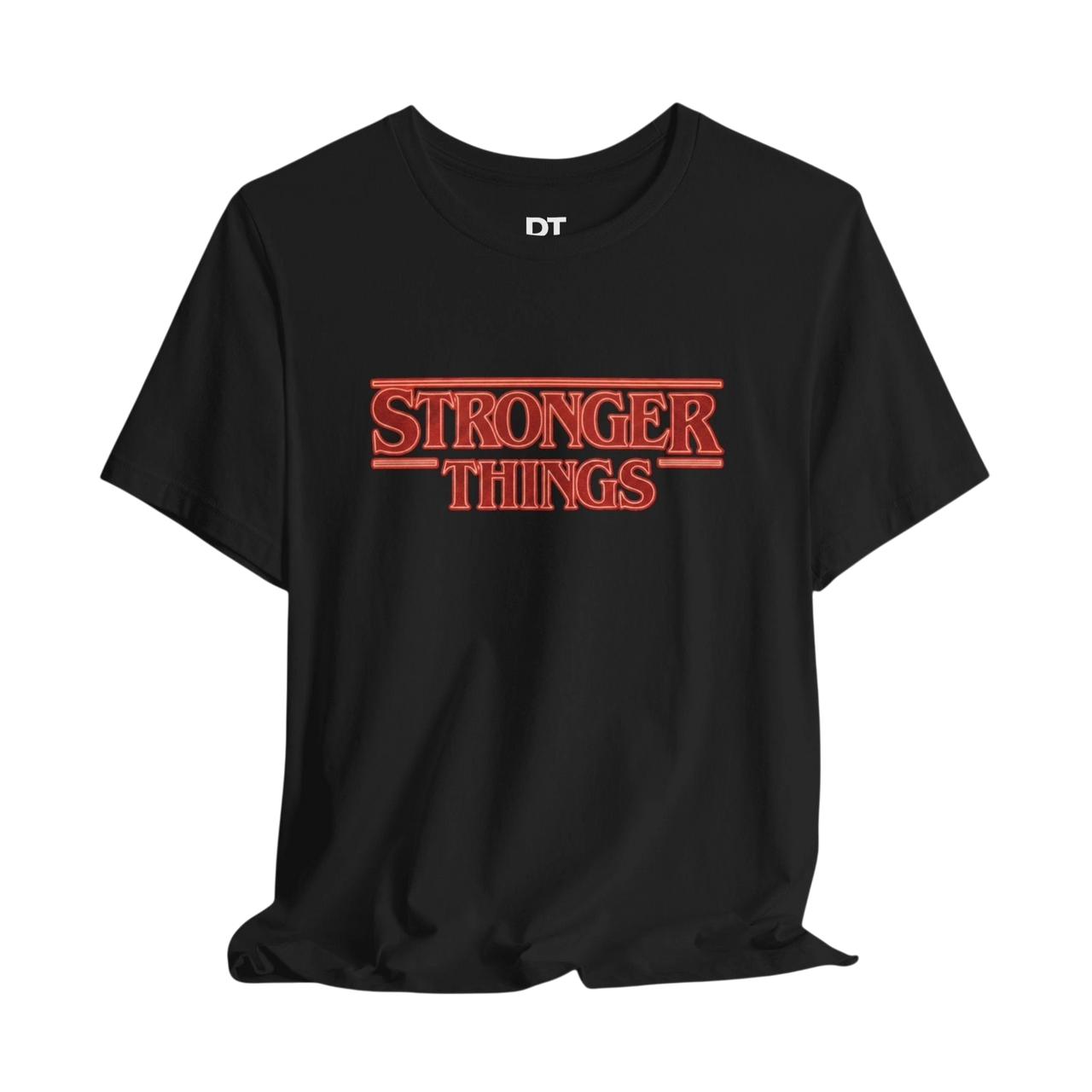 DailyThreadCo. black cotton t-shirt with a retro red graphic that reads "STRONGER THINGS."