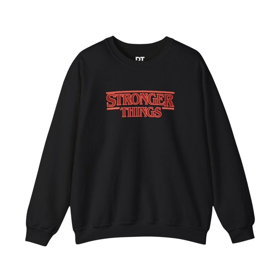 DailyThreadCo. black crewneck sweatshirt with red embroidered "Stronger Things" logo, 50/50 cotton-polyester blend.