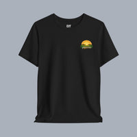 DailyThreadCo. black 100% Airlume cotton t-shirt with a vintage-style sunrise farming graphic on the back and chest.