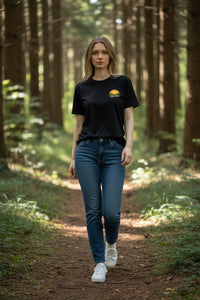 DailyThreadCo. black 100% Airlume cotton t-shirt with a vintage sunrise farming graphic on the back and chest.