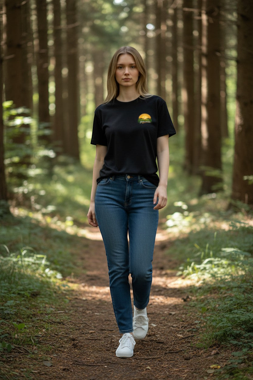 DailyThreadCo. black 100% Airlume cotton t-shirt with a vintage sunrise farming graphic on the back and chest.