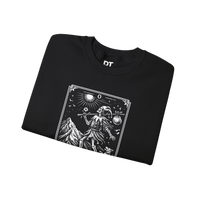 DailyThreadCo. black crewneck sweatshirt with a vintage tarot card graphic of 
