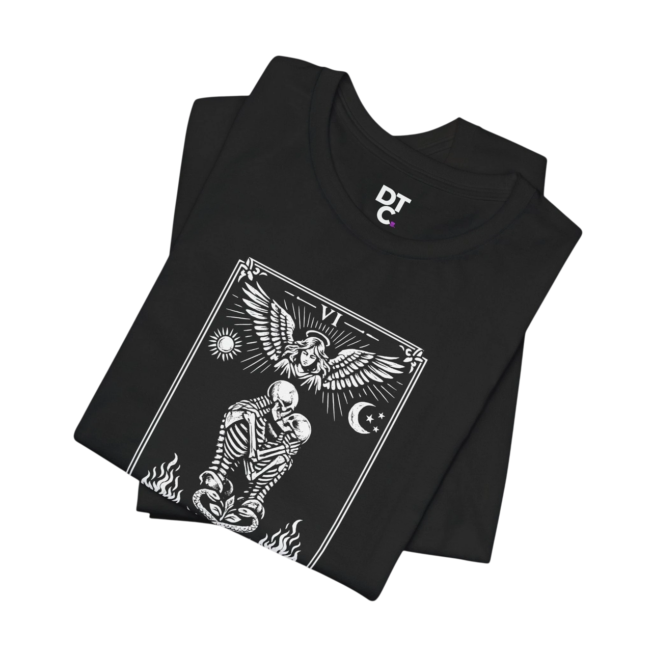DailyThreadCo. black 100% cotton t-shirt with monochrome 'The Lovers' tarot card graphic featuring skeletons, angel, sun, moon, and flames.