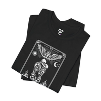 DailyThreadCo. black 100% cotton t-shirt with monochrome 'The Lovers' tarot card graphic featuring skeletons, angel, sun, moon, and flames.