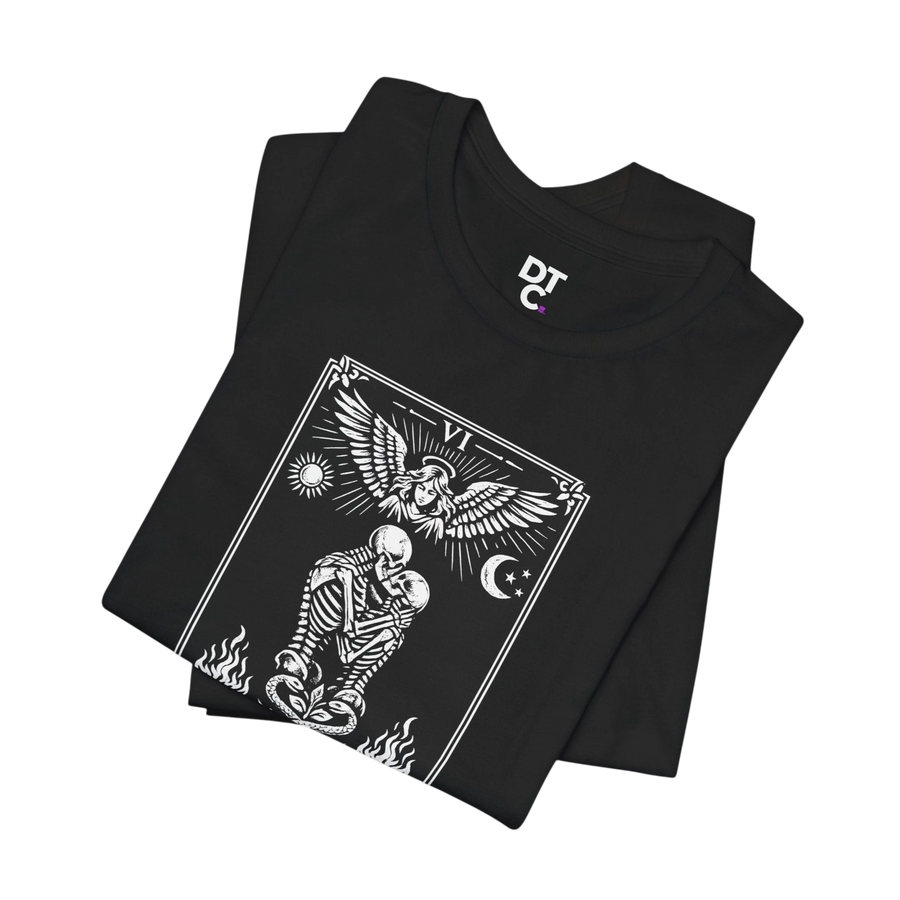 DailyThreadCo. black 100% cotton t-shirt with monochrome 'The Lovers' tarot card graphic featuring skeletons, angel, sun, moon, and flames.