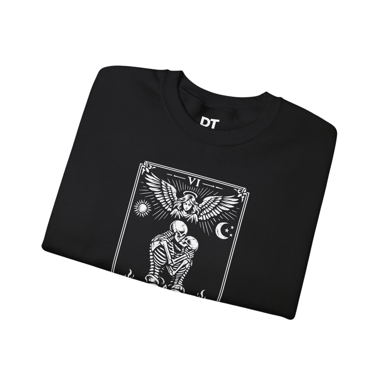 DailyThreadCo black crewneck sweatshirt with gothic tarot 'The Lovers' card graphic featuring skeletons, angel, sun, moon, and flames.