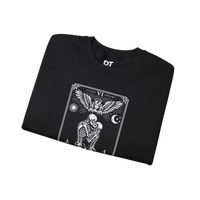 DailyThreadCo black crewneck sweatshirt with gothic tarot 'The Lovers' card graphic featuring skeletons, angel, sun, moon, and flames.