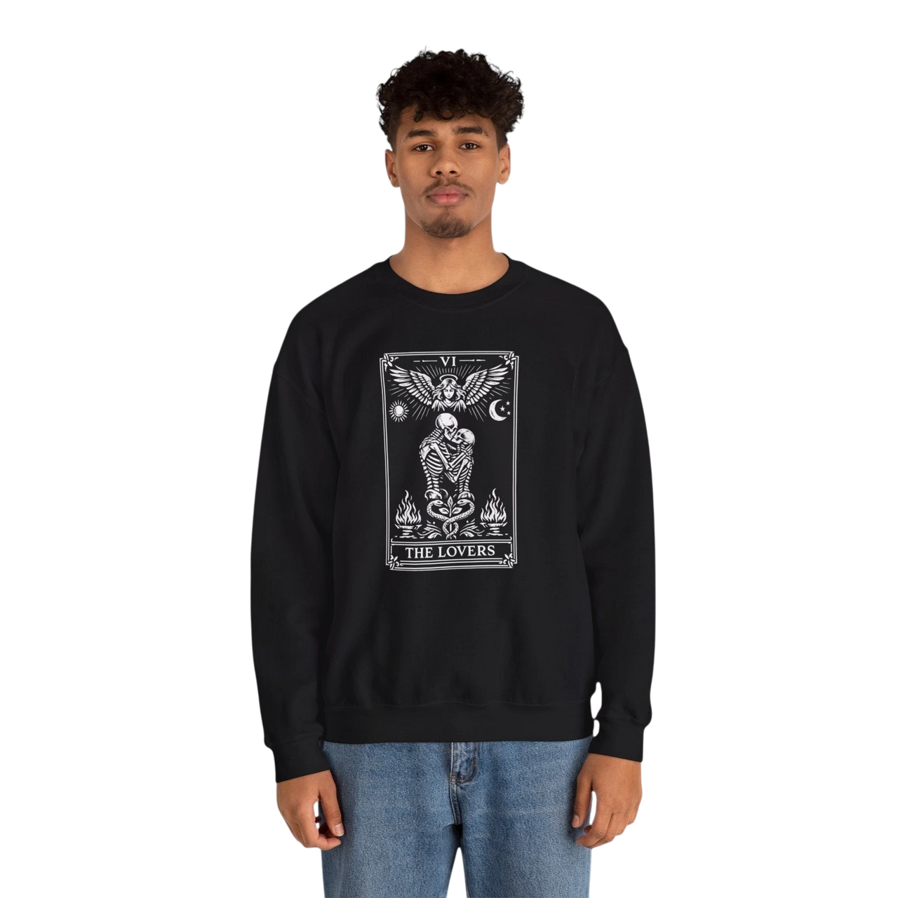 DailyThreadCo. black crewneck sweatshirt with 'The Lovers' tarot card graphic featuring skeleton figures, angelic wings, moon, and flames.