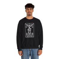 DailyThreadCo. black crewneck sweatshirt with 'The Lovers' tarot card graphic featuring skeleton figures, angelic wings, moon, and flames.