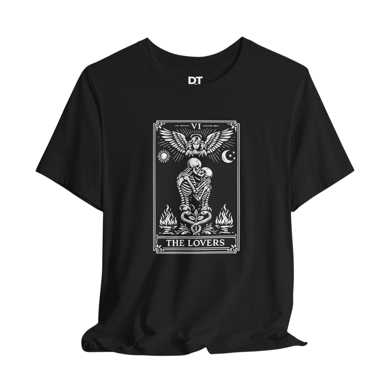 DailyThreadCo. black 100% cotton t-shirt with 'The Lovers' tarot card graphic in white. Features skeleton couple, angel, sun, moon, and flames.