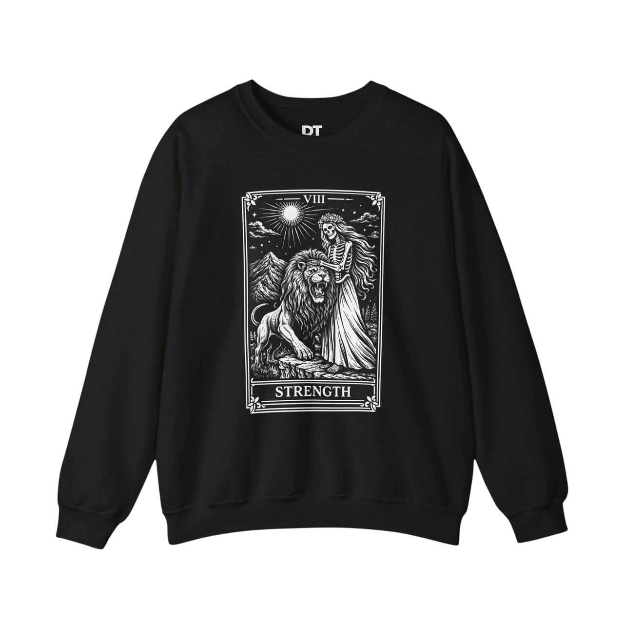 DailyThreadCo. black crewneck sweatshirt with a monochrome tarot strength card graphic featuring a woman and a lion.