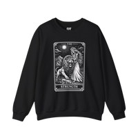 DailyThreadCo. black crewneck sweatshirt with a monochrome tarot strength card graphic featuring a woman and a lion.