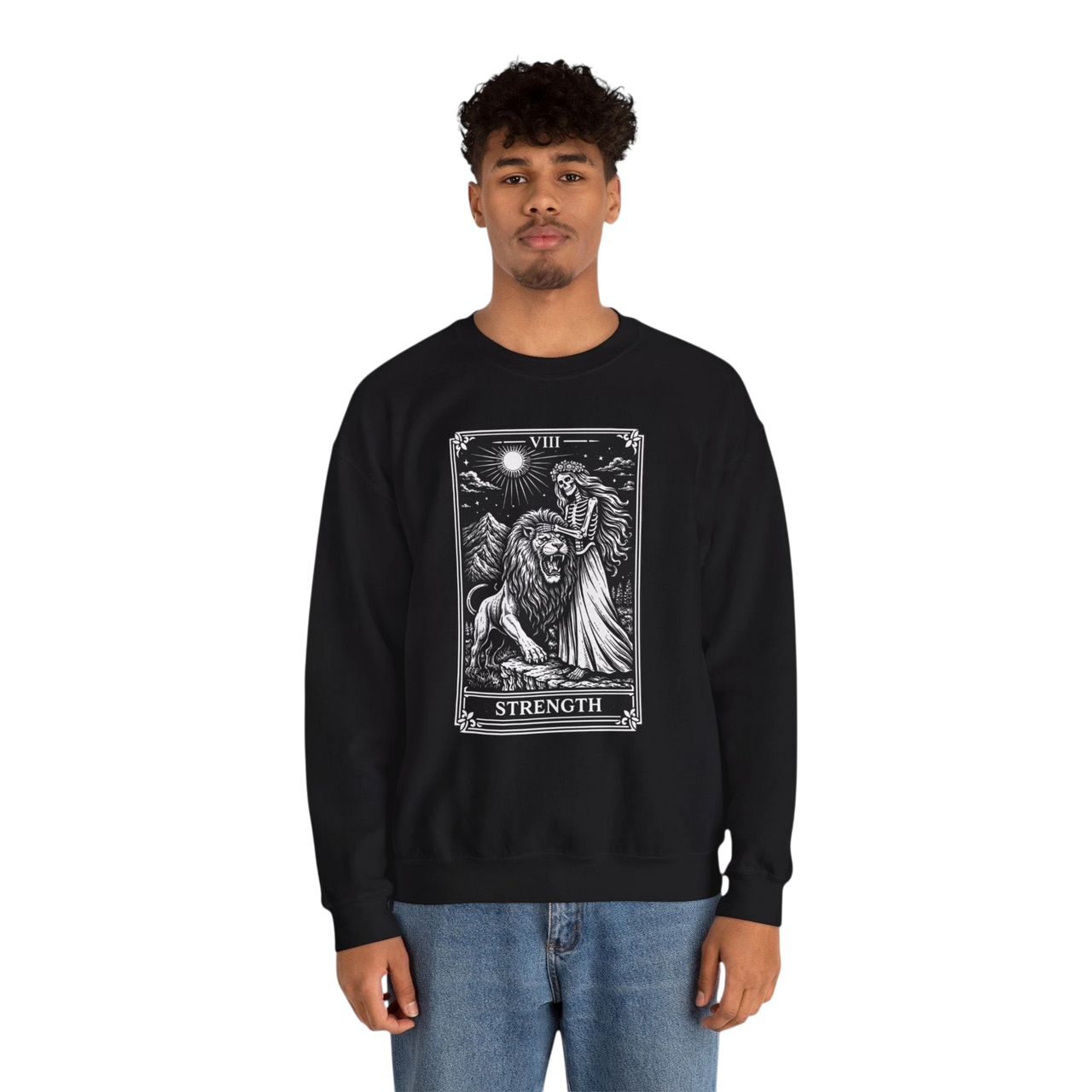 DailyThreadCo. black crewneck sweatshirt with a monochrome tarot strength card graphic featuring a woman and a lion.