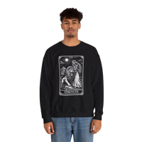 DailyThreadCo. black crewneck sweatshirt with a monochrome tarot strength card graphic featuring a woman and a lion.