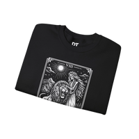DailyThreadCo. black crewneck sweatshirt with a monochrome tarot strength card graphic featuring a skeleton figure, a lion, and mountains under a sun.