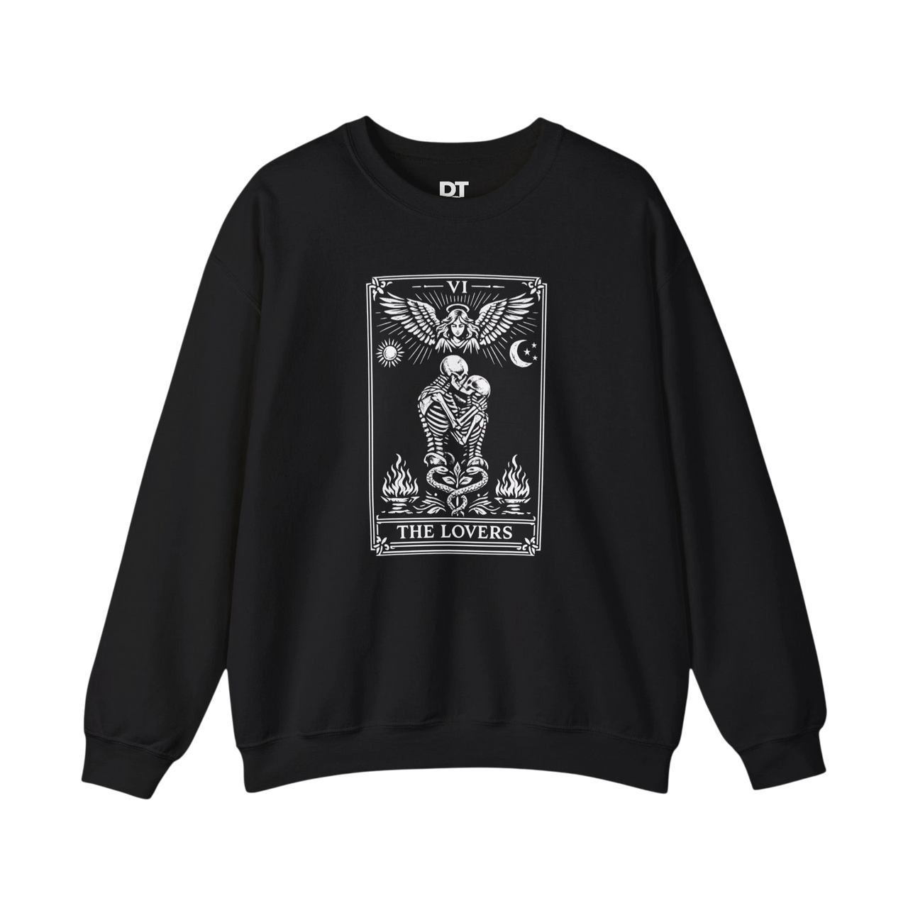 DailyThreadCo. black crewneck sweatshirt with 'The Lovers' tarot card graphic featuring skeletons, angelic wings, sun, moon, and flames.
