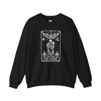 DailyThreadCo. black crewneck sweatshirt with 'The Lovers' tarot card graphic featuring skeletons, angelic wings, sun, moon, and flames.