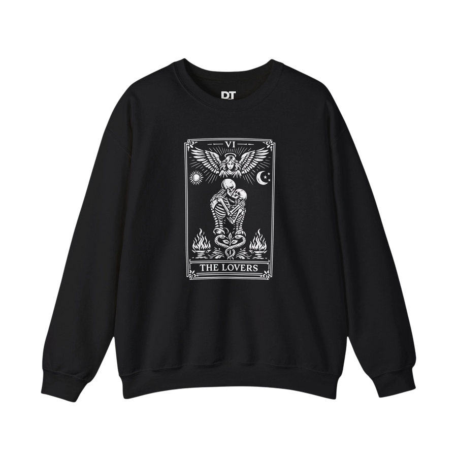 DailyThreadCo. black crewneck sweatshirt with 'The Lovers' tarot card graphic featuring skeletons, angelic wings, sun, moon, and flames.