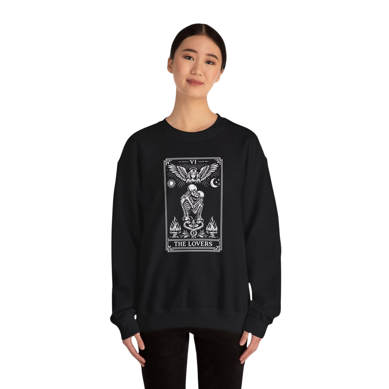 DailyThreadCo. black crewneck sweatshirt with 'The Lovers' tarot card graphic in white, featuring skeletons embracing under angelic wings.