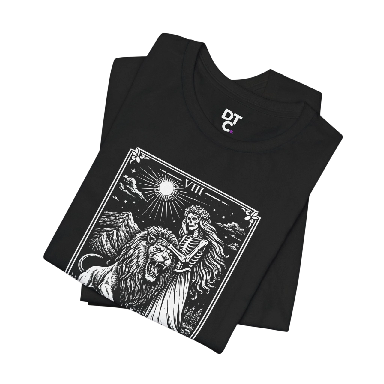 DailyThreadCo. black 100% cotton t-shirt with vintage Strength tarot card illustration of a skeleton woman and a lion.